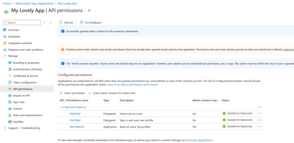Entra ID permissions screen with delegated and application API scopes.