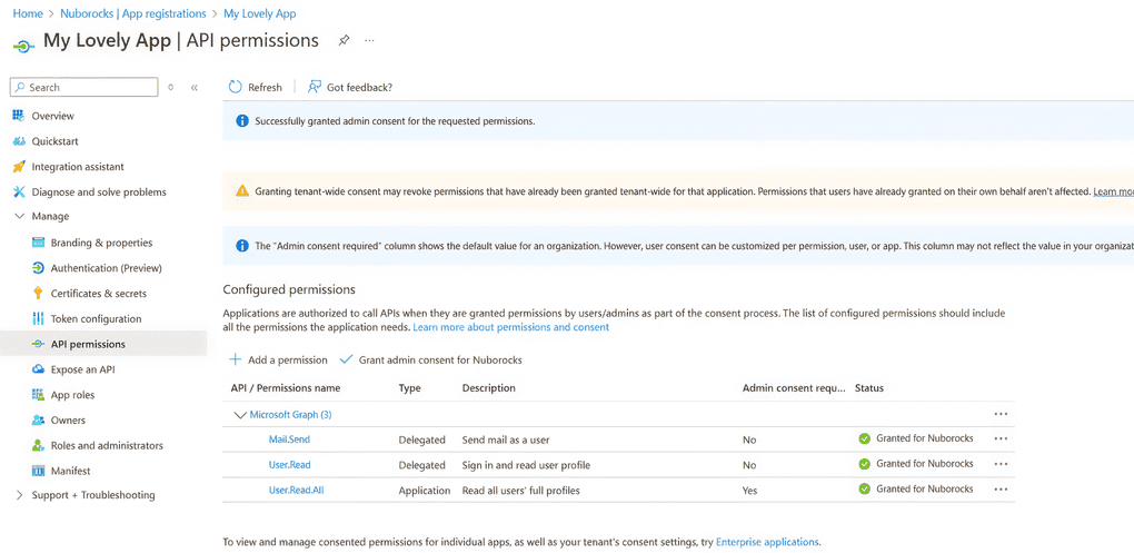 Entra ID permissions screen with delegated and application API scopes.
