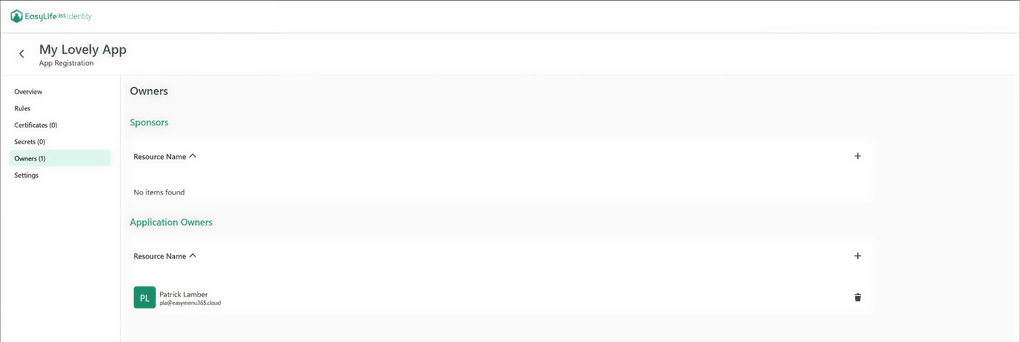 Assigning a business sponsor to an application in EasyLife 365 Identity.