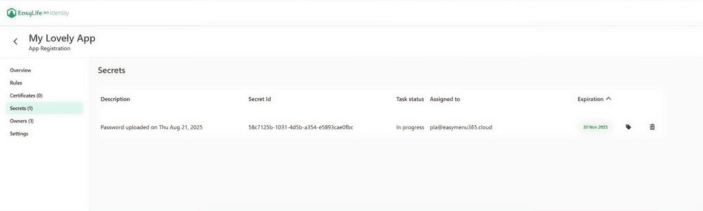 EasyLife 365 Identity screenshot showing one active app secret for secure credential management.