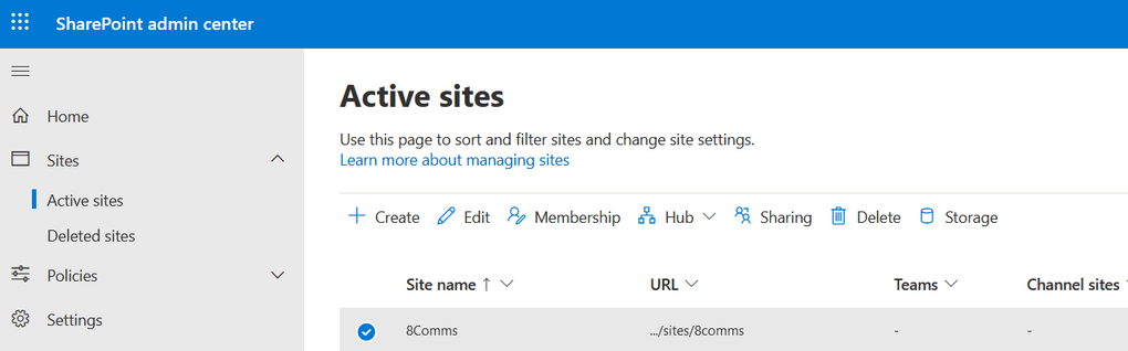 The SharePoint admin center allows administrators to configure site-level settings. From the Active sites view, admins can select individual sites to adjust external sharing, membership, and storage.